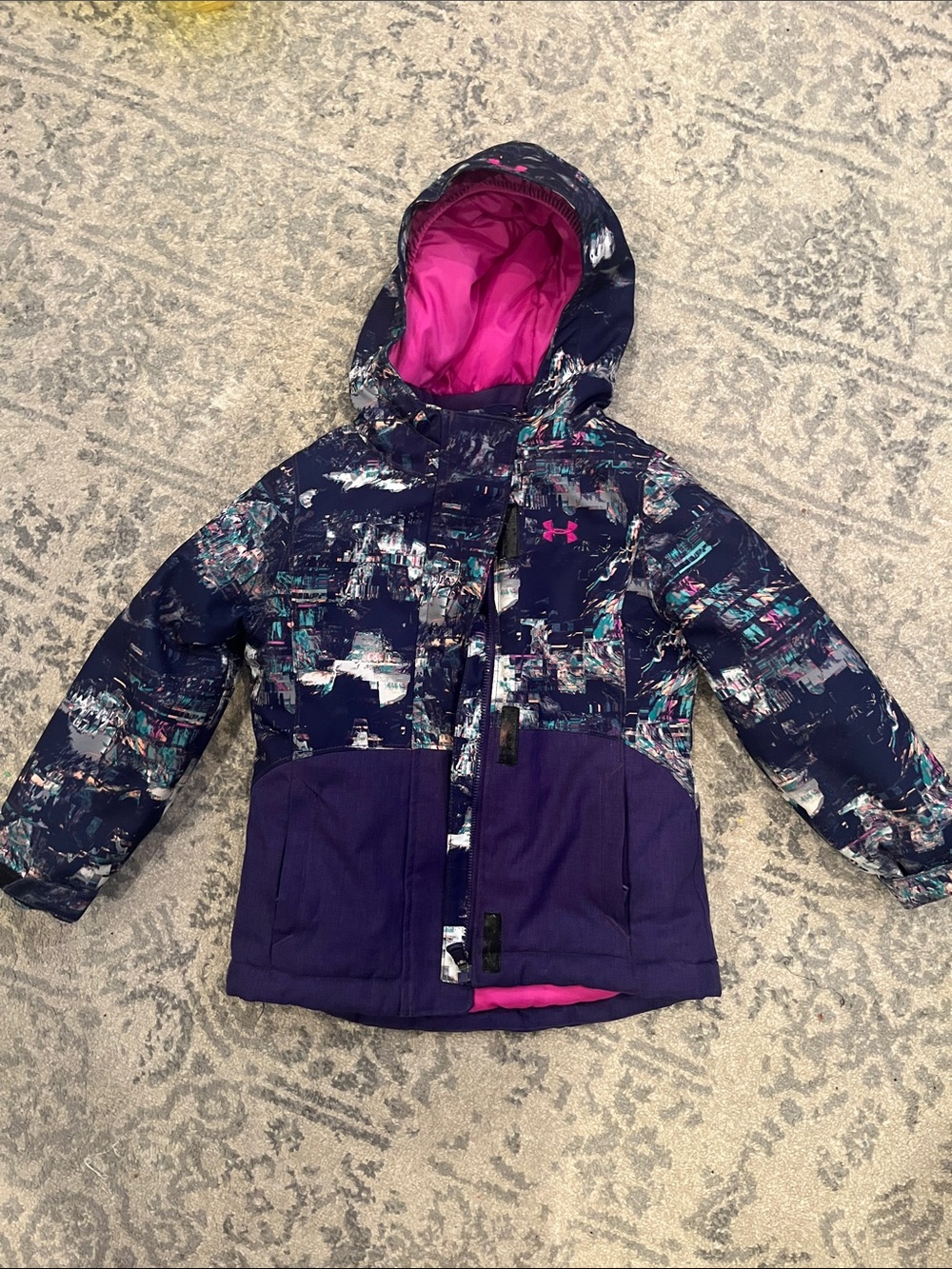 Under Armour Girls' Navy & Purple Printed Hooded Jacket with Pink Lining